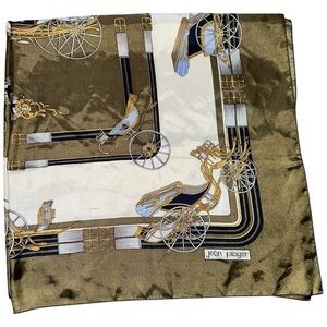 Jean Player Vintage Horse Carriage Equestrian Taupe White Gold Satin Scarf